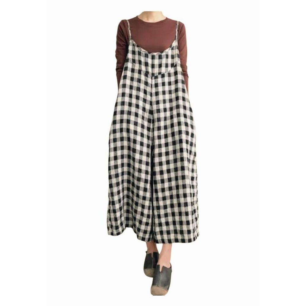 BUYKUD Linen Overalls Womens Size Medium Buffalo Check Wide Leg Romper Loose Fit